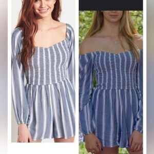 Hollister small size on or off shoulder jumpsuit romper long sleeve blue white
